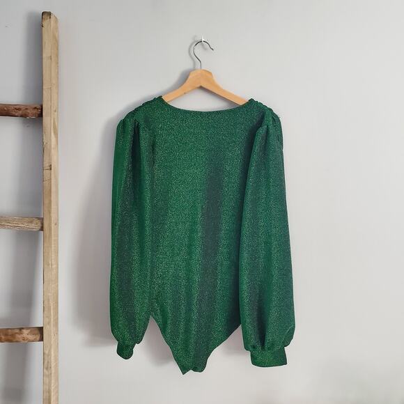 SHEIN Curve Bishop Sleeve Deep V Sparkle Bodysuit Green 2XL - Picture 2 of 8